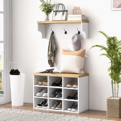 HOMCOM 2-in-1 Hall Tree Coat Rack with Shoe Bench Storage, White