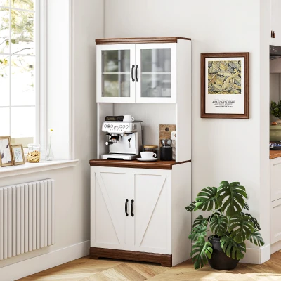 HOMCOM 70" Farmhouse Kitchen Pantry Cabinet with Glass Doors, White