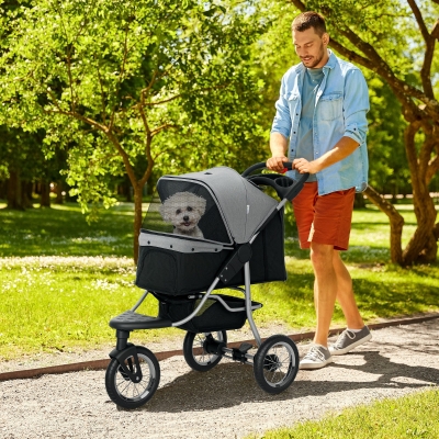 PawHut Small Dog Stroller, 3-Wheel Foldable Pet Stroller with Adjustable Canopy and Zippered Mesh Door for Pet Owners, Grey