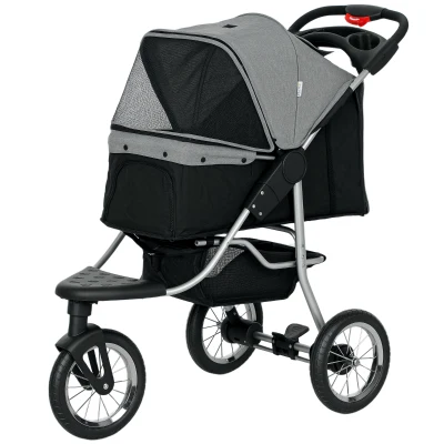 PawHut Pet Stroller with 3 Wheels, One-click Folding Design, Adjustable Canopy, Zippered Mesh Window Door, Grey