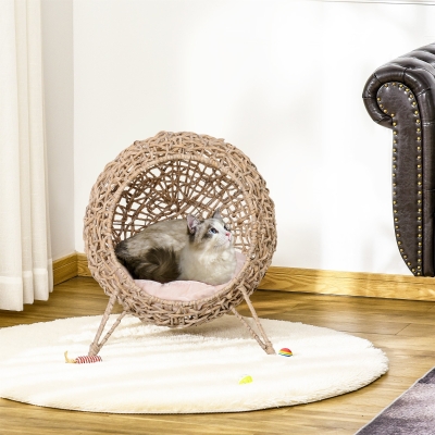 PawHut Rattan Cat House with Cushion, Elevated Wicker Kitten Bed for Indoor Cats, Natural Wood