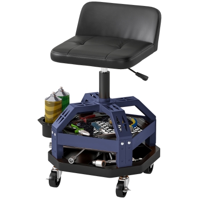 HOMCOM Rolling Garage Stool, 300 LBS, Tool Tray, Adjustable, Blue