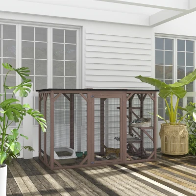 PawHut Outdoor Cat House, 71" Wooden Catio Shelter, Brown