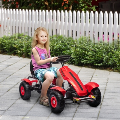 Aosom Pedal Go Kart for Kids, Pedal Car with Adjustable Bucket, Handbrake, 4 Rubber Wheels Powered Ride, Red
