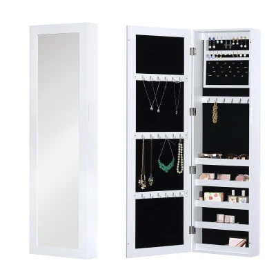 HOMCOM Mirror Jewelry Cabinet Armoire with Full Length Mirror, Wall Mounted Jewelry Organizer, White