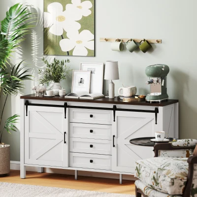 HOMCOM 59" Farmhouse Sideboard Cabinet with Barn Doors, White