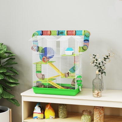 PawHut 18.5" Hamster Cage, 5 Tiers Small Animal House with Tunnel Tube System, Exercise Wheel, Water Bottle, Green