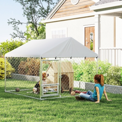 PawHut Outdoor Dog Run w/ Adjustable & Rotating Bowls, Water-Resistant UV-Resistant Cover, Secure Lock, 6.6' x 6.6' x 5.1'