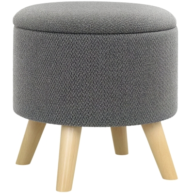 HOMCOM Round Storage Ottoman Stool, Linen Upholstered with Wood Legs, Gray