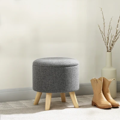 HOMCOM Round Storage Ottoman Stool, Linen Upholstered with Wood Legs, Gray
