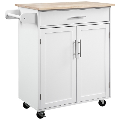 HOMCOM Kitchen Trolley Mobile Kitchen Island on Wheels Serving Cart Wooden Storage w/ Drawer and Towel Bar White