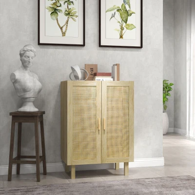 HOMCOM Boho Kitchen Buffet Cabinet with Rattan Doors, Natural