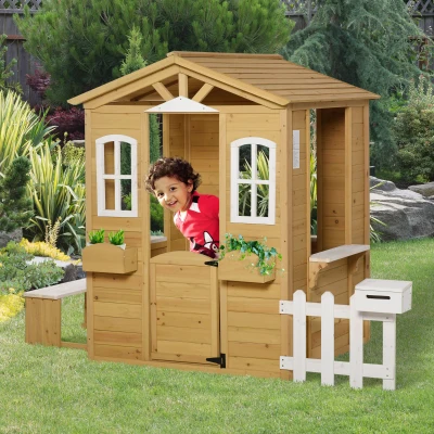 Outsunny Wooden Playhouse for Kids, Cottage with Doors & Windows