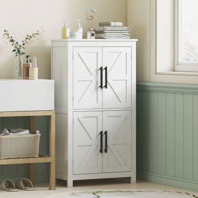 HOMCOM Farmhouse Bathroom Storage Cabinet, Bathroom Floor Cabinet with Barn Doors and Adjustable Shelf, White