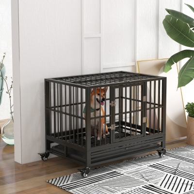 PawHut 36" Heavy Duty Steel Dog Crate Kennel Pet Cage with Wheels for Convenient Access Anti-Pinching Floor, Grey
