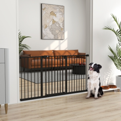 PawHut 29"-58" Wide Pet Gate with Door Dog Gate and Barrier Indoor for Stairs Includes 7", 8", 12" Extensions Kit, 30 Inch Tall Pressure-Mounted Safety Gate, Black