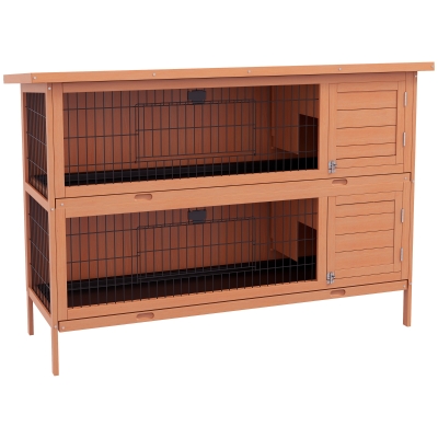 PawHut 54"L 2-Story Large Rabbit Hutch Bunny Cage Wooden Pet House Small Animal Habitat with Lockable Doors, No Leak Tray and Waterproof Roof for Outdoor/Indoor Orange