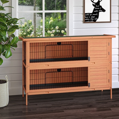 PawHut 54"L 2-Story Large Rabbit Hutch Bunny Cage Wooden Pet House Small Animal Habitat with Lockable Doors, No Leak Tray and Waterproof Roof for Outdoor/Indoor Orange