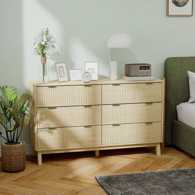 HOMCOM 6-Drawer Fluted Dresser with Gold Pulls, Natural Wood