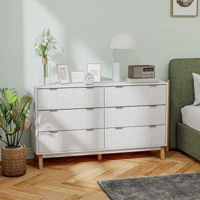 HOMCOM 6 Drawer White Dresser with Gold Pulls and Wood Legs