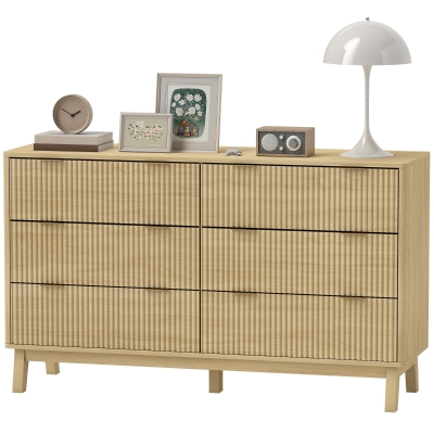 HOMCOM 6-Drawer Fluted Dresser with Gold Pulls, Natural Wood