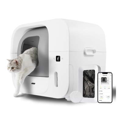 Odor-Free Self-Cleaning Litter Box with Self-Pack and Refill System, White Gray