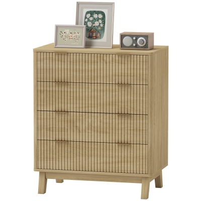 HOMCOM 4-Drawer Fluted Dresser with Gold Pulls, Natural Wood