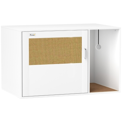 PawHut Cat Litter Box Enclosure, Cat Washroom End Side Table with Rattan Door, Scratching Pad, Non-slip Foot Pads, White
