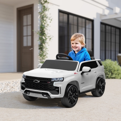 Aosom Licensed Chevrolet Tahoe Kids Ride on Car, 12V 7AH Toddler Electric Car with Parent Remote Control, 3 Speeds, Spring Suspension, LED Light, Horn, Music, White