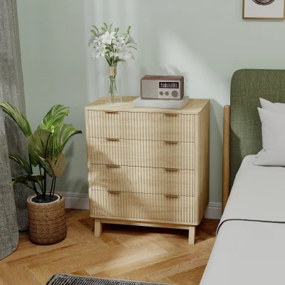 HOMCOM 4-Drawer Fluted Dresser with Gold Pulls, Natural Wood