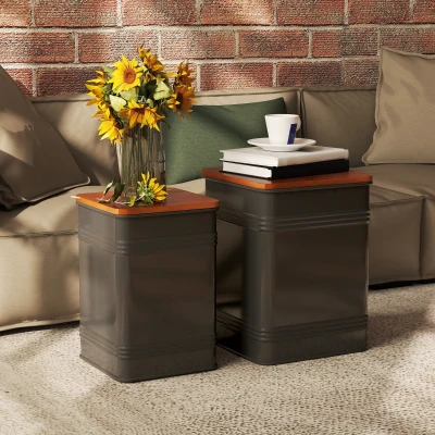 HOMCOM Industrial Storage Ottoman Set of 2 with Metal Frame, Black
