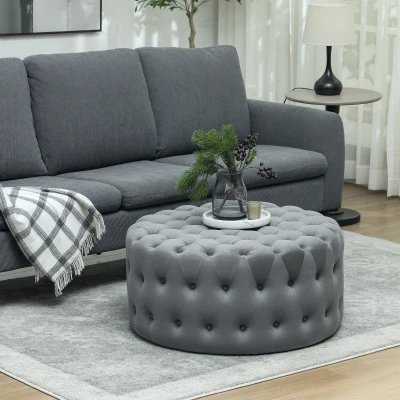 HOMCOM Round Velvet Ottoman Coffee Table, Tufted, Dark Gray