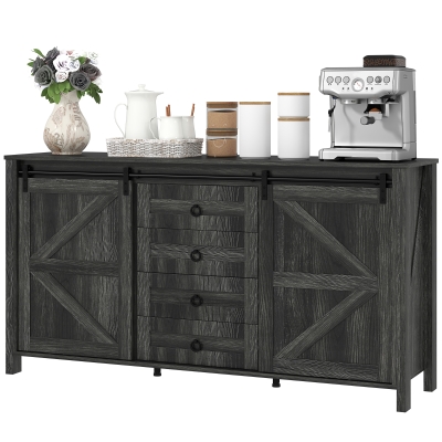 HOMCOM 60" Farmhouse Buffet Cabinet with Barn Doors, Dark Gray