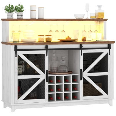 HOMCOM 55" Farmhouse Wine Cabinet with Lights and Glass Racks, White