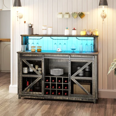 HOMCOM 55" Farmhouse Wine Cabinet with Lights & Glass Racks, Brown