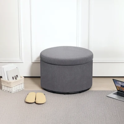HOMCOM 24" Round Corduroy Storage Ottoman Stool with Lid, Gray
