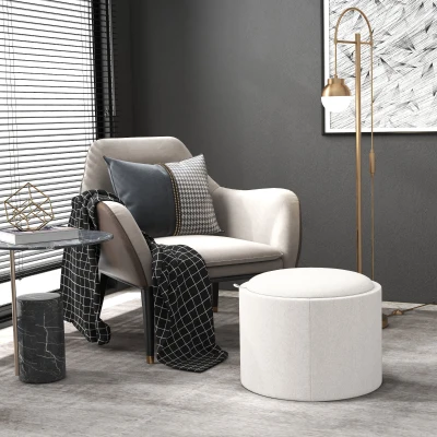 HOMCOM Round Storage Ottoman Coffee Table with Flip Top Tray, Linen Fabric