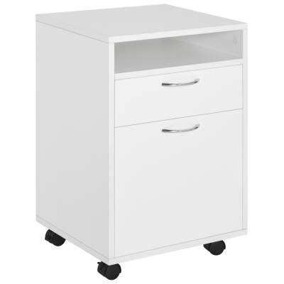 HOMCOM 24" Small Filing Cabinet with Open Compartment, Drawer and Wheels, Home Office Storage Cabinet, White