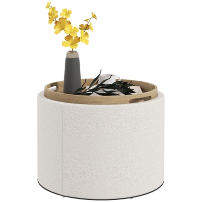 HOMCOM Round Storage Ottoman Coffee Table with Flip Top Tray, Linen Fabric