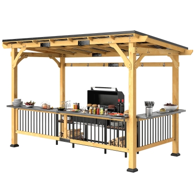 Outsunny 13' x 6' Wooden BBQ Gazebo with Metal Roof & Shelves