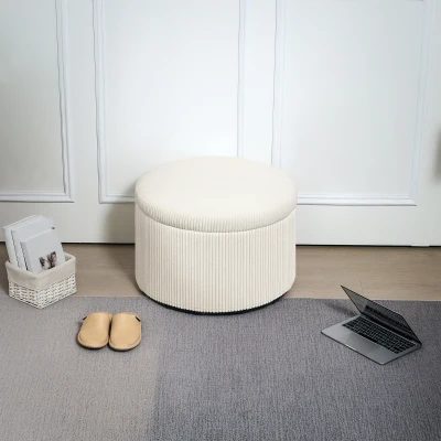 HOMCOM 24" Round Storage Ottoman Stool, Corduroy, Beige