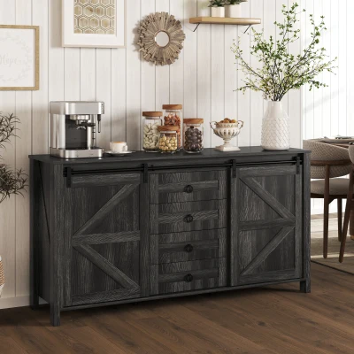 HOMCOM 60" Farmhouse Buffet Cabinet with Barn Doors, Dark Gray