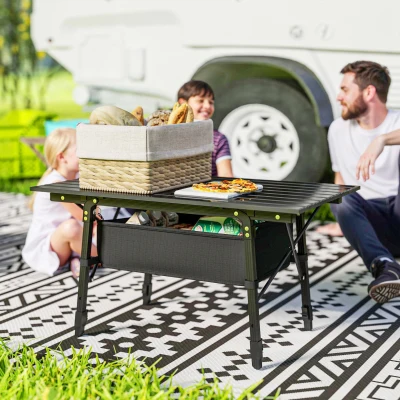 Outsunny 3ft Aluminum Folding Camping Table with Storage, Black
