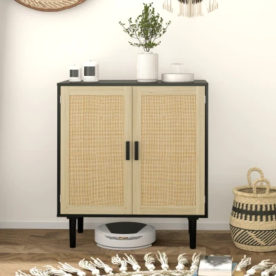 HOMCOM Bohemian Sideboard, 31.5" Black Cabinet with Rattan Doors