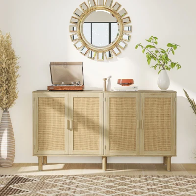 HOMCOM Bohemian Sideboard 62" Cabinet with Rattan Doors, Natural