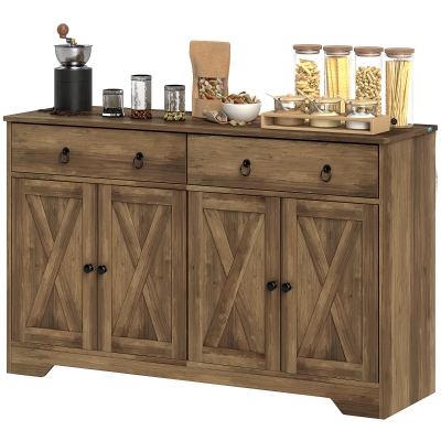 HOMCOM Farmhouse Buffet Cabinet with Barn Doors & Drawers, Light Brown