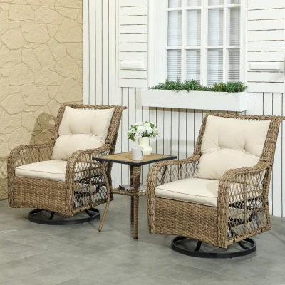 Outsunny 3 Piece Wicker Patio Bistro Set with Swivel Chairs, Beige