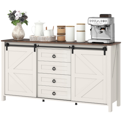 HOMCOM 60" Farmhouse Sideboard with Sliding Barn Doors, White