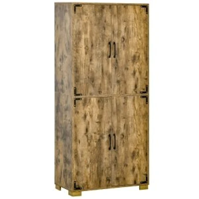 HOMCOM Farmhouse Kitchen Pantry Storage Cabinet with 4 Doors, Kitchen Cabinet with Shelves, Rustic Brown