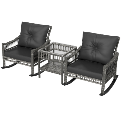 Outsunny 3 Piece Outdoor Rattan Rocker Chair Set with Table, Gray